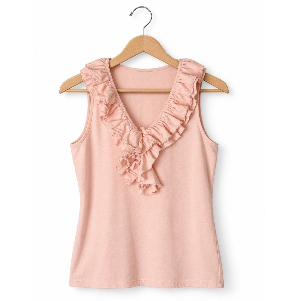 Lauren Ralph Lauren Tank Top Women Small Petite Pink Ruffle V Neck Cotton Preppy